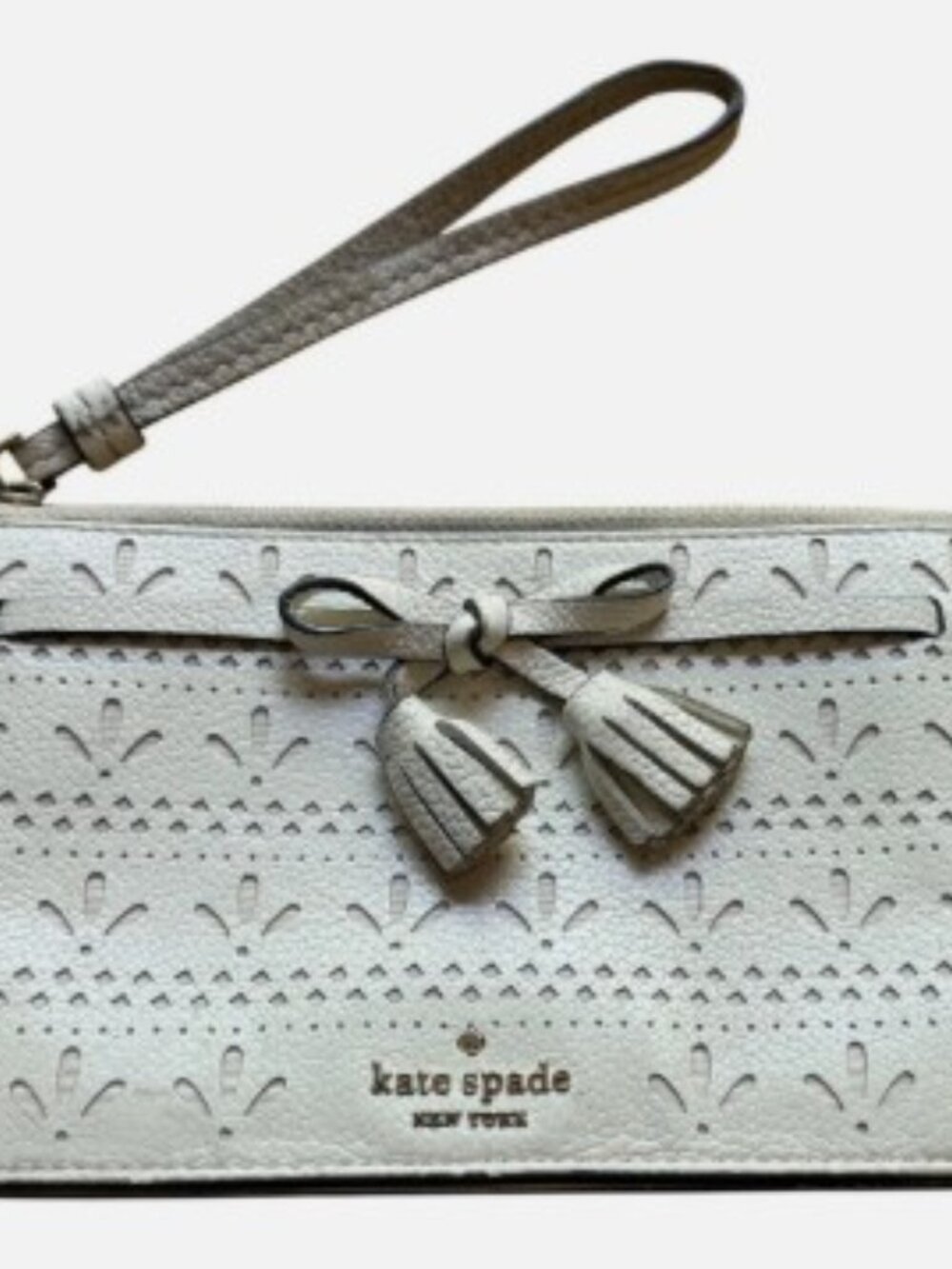 Kate Spade NY Cream "Hayes" Perf Leather Tassel Eyelet Wristlet Clutch